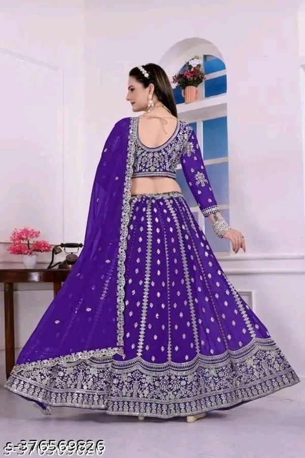 OM Shivam Creation Georgette Embroidered Blue Semi-Stitched Lehenga with Unstitched Blouse - Semi Stitched