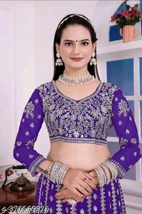 OM Shivam Creation Georgette Embroidered Blue Semi-Stitched Lehenga with Unstitched Blouse - Semi Stitched
