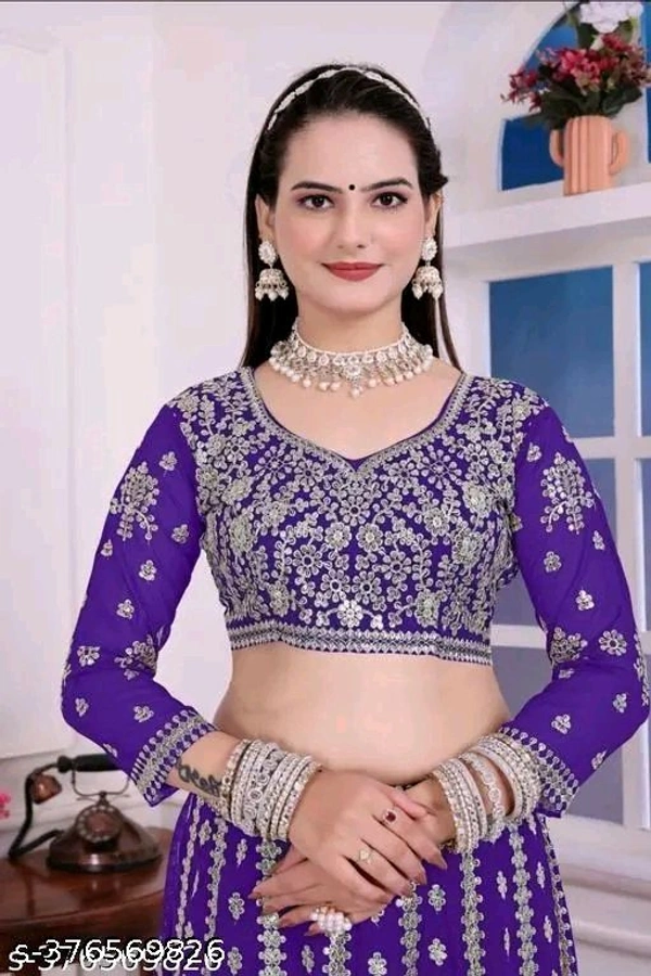 OM Shivam Creation Georgette Embroidered Blue Semi-Stitched Lehenga with Unstitched Blouse - Semi Stitched