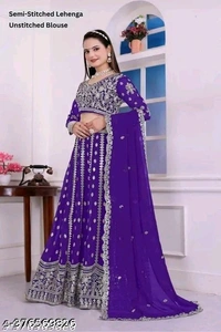 OM Shivam Creation Georgette Embroidered Blue Semi-Stitched Lehenga with Unstitched Blouse - Semi Stitched