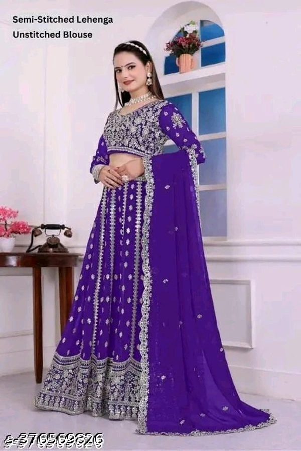 OM Shivam Creation Georgette Embroidered Blue Semi-Stitched Lehenga with Unstitched Blouse - Semi Stitched