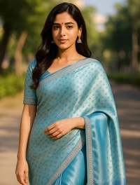 Premium Sky Blue Silk Saree Banarasi Tissue with Contrast Border & Silver Zari Work - FREE, Turquoise Blue