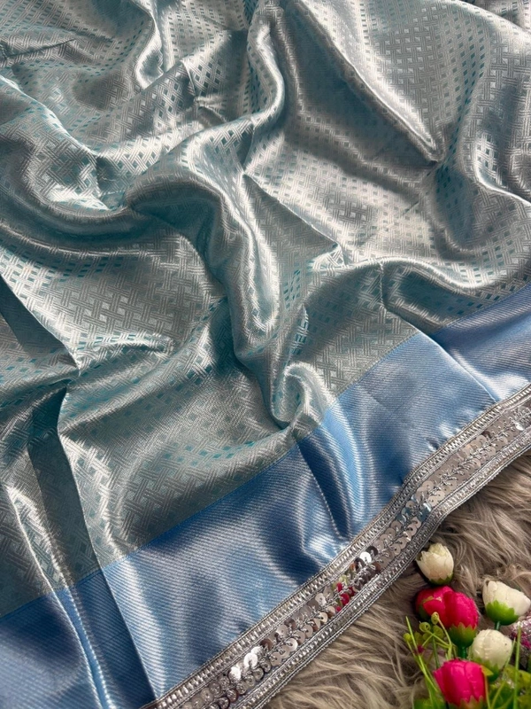 Premium Sky Blue Silk Saree Banarasi Tissue with Contrast Border & Silver Zari Work - FREE, Turquoise Blue