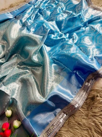 Premium Sky Blue Silk Saree Banarasi Tissue with Contrast Border & Silver Zari Work - FREE, Turquoise Blue