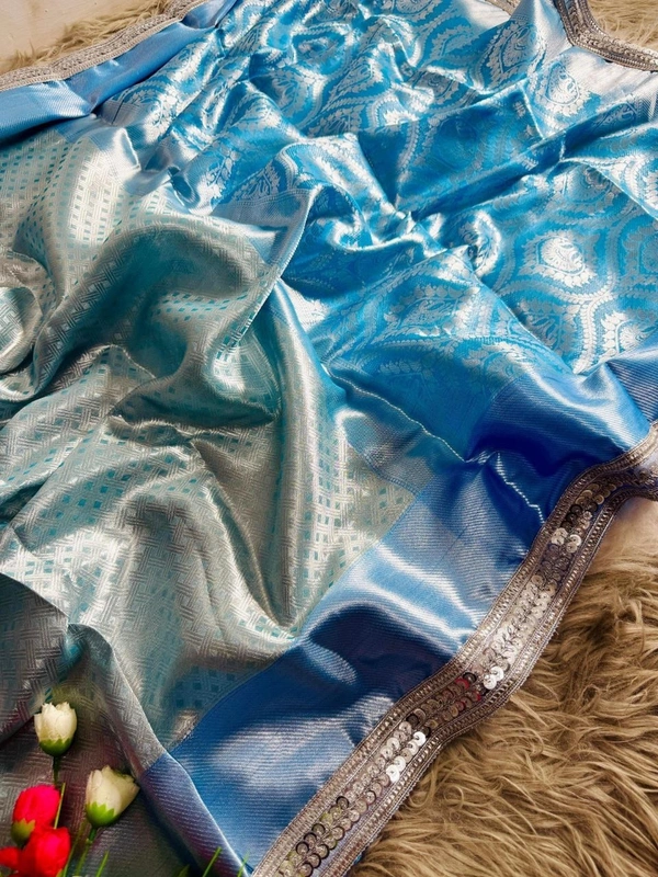 Premium Sky Blue Silk Saree Banarasi Tissue with Contrast Border & Silver Zari Work - FREE, Turquoise Blue