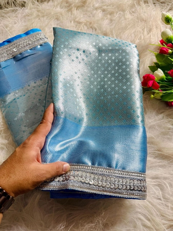 Premium Sky Blue Silk Saree Banarasi Tissue with Contrast Border & Silver Zari Work - FREE, Turquoise Blue