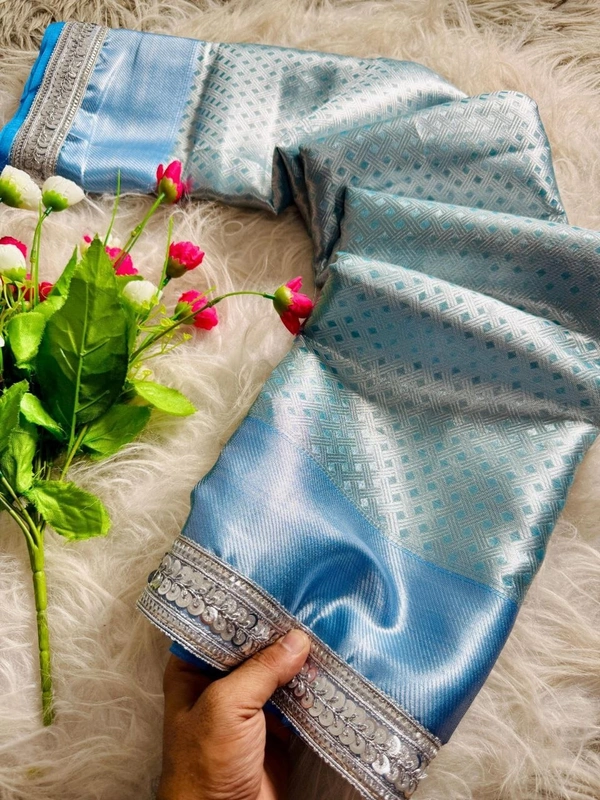 Premium Sky Blue Silk Saree Banarasi Tissue with Contrast Border & Silver Zari Work - FREE, Turquoise Blue