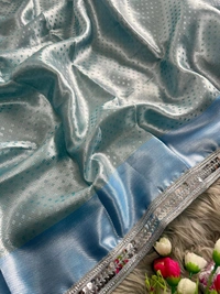Premium Sky Blue Silk Saree Banarasi Tissue with Contrast Border & Silver Zari Work - FREE, Turquoise Blue