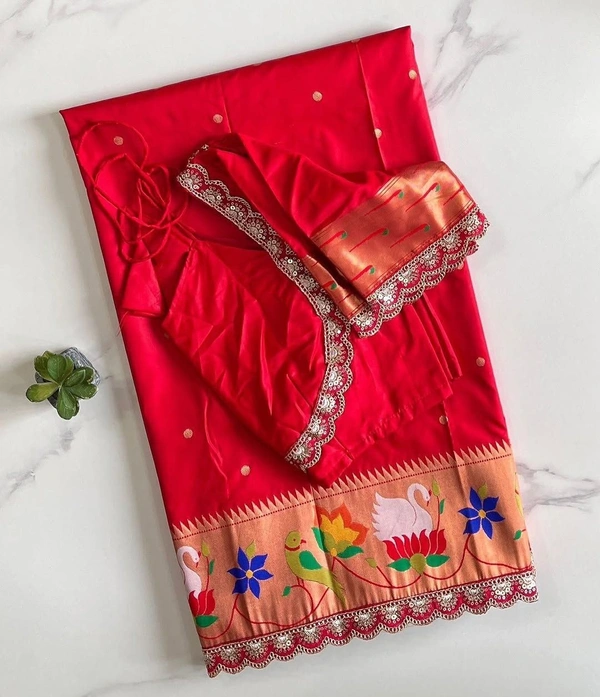 Premium Rajhanse Paithani Silk Saree – Banarasi Butti Weaving, Paithani Border, Lace Finish - FREE, Red
