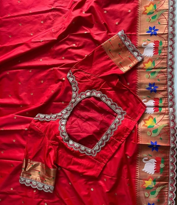 Premium Rajhanse Paithani Silk Saree – Banarasi Butti Weaving, Paithani Border, Lace Finish - FREE, Red