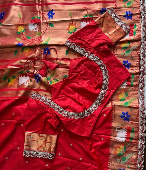 Premium Rajhanse Paithani Silk Saree – Banarasi Butti Weaving, Paithani Border, Lace Finish - FREE, Red