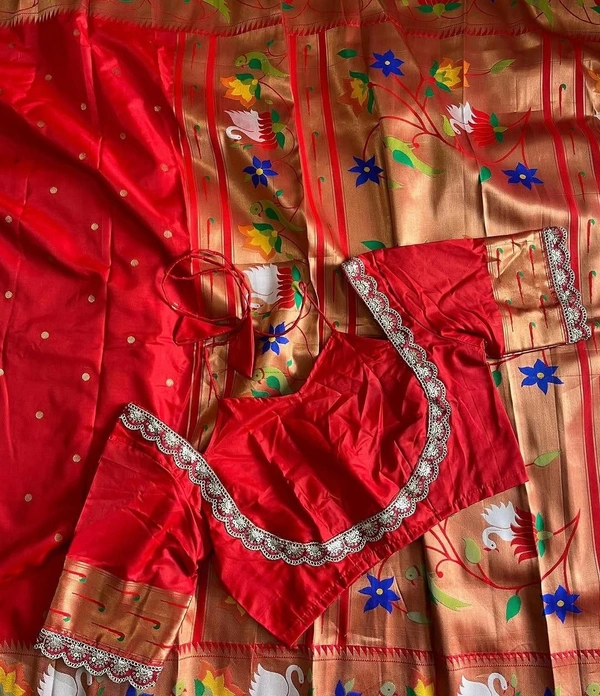 Premium Rajhanse Paithani Silk Saree – Banarasi Butti Weaving, Paithani Border, Lace Finish - FREE, Red