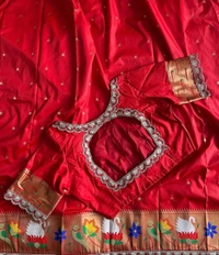 Premium Rajhanse Paithani Silk Saree – Banarasi Butti Weaving, Paithani Border, Lace Finish - FREE, Red