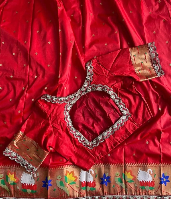 Premium Rajhanse Paithani Silk Saree – Banarasi Butti Weaving, Paithani Border, Lace Finish - FREE, Red