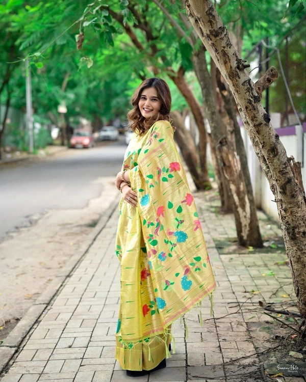 "Celebrity Anushka Pimputkar Worn – Paithani Saree with Colorful Motifs & Muniya Border in Pure Kanchivaram Brocket Silk" - Free