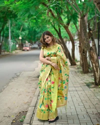 "Celebrity Anushka Pimputkar Worn – Paithani Saree with Colorful Motifs & Muniya Border in Pure Kanchivaram Brocket Silk" - Free