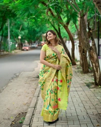 "Celebrity Anushka Pimputkar Worn – Paithani Saree with Colorful Motifs & Muniya Border in Pure Kanchivaram Brocket Silk" - Free