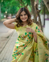 "Celebrity Anushka Pimputkar Worn – Paithani Saree with Colorful Motifs & Muniya Border in Pure Kanchivaram Brocket Silk" - Free