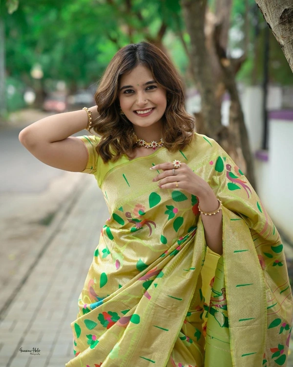 "Celebrity Anushka Pimputkar Worn – Paithani Saree with Colorful Motifs & Muniya Border in Pure Kanchivaram Brocket Silk" - Free