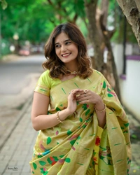 "Celebrity Anushka Pimputkar Worn – Paithani Saree with Colorful Motifs & Muniya Border in Pure Kanchivaram Brocket Silk" - Free