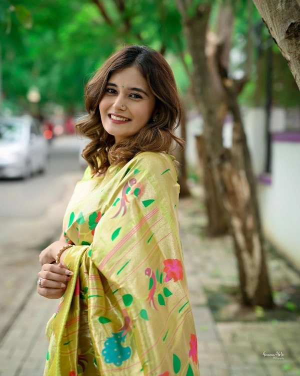 "Celebrity Anushka Pimputkar Worn – Paithani Saree with Colorful Motifs & Muniya Border in Pure Kanchivaram Brocket Silk" - Free