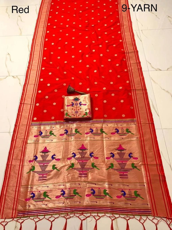 PAITHANI_HOUSE366 "9 Yard Pure Kanchivaram Pathani Silk Saree � Original Zari, Peacock Design, Minakari Border & Brocket Blouse" - Red
