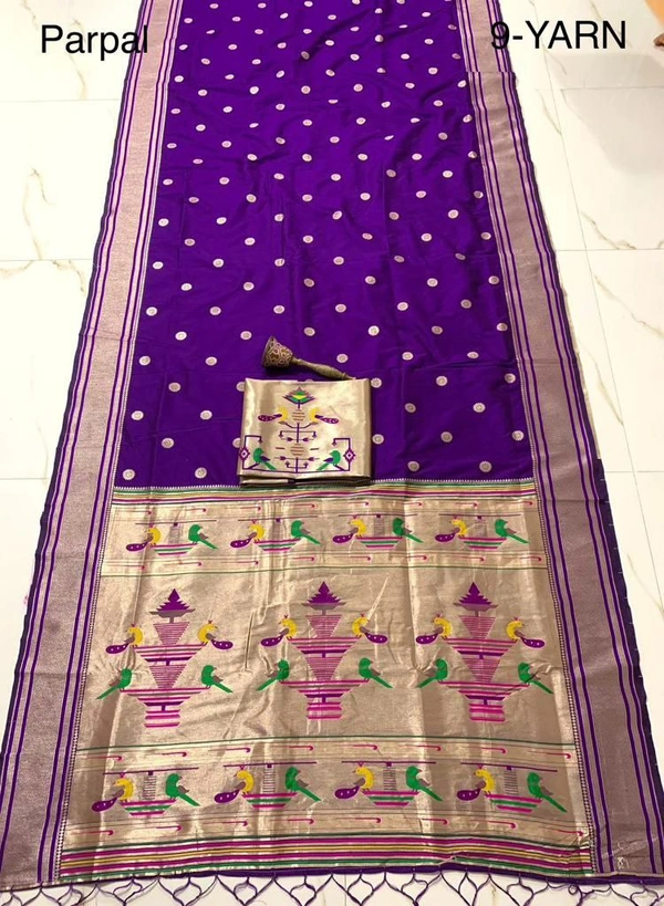PAITHANI_HOUSE368 "9 Yard Pure Kanchivaram Pathani Silk Saree � Original Zari, Peacock Design, Minakari Border & Brocket Blouse" - Purple