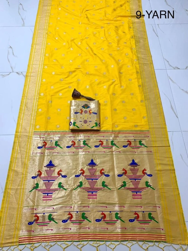 PAITHANI_HOUSE371 "9 Yard Pure Kanchivaram Pathani Silk Saree � Original Zari, Peacock Design, Minakari Border & Brocket Blouse" - Yellow