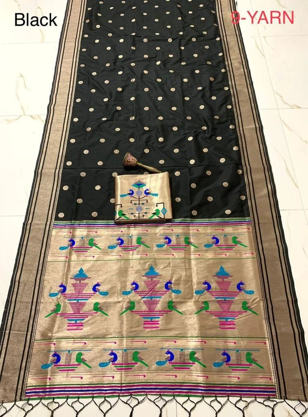 PAITHANI_HOUSE372 "9 Yard Pure Kanchivaram Pathani Silk Saree � Original Zari, Peacock Design, Minakari Border & Brocket Blouse" - Black