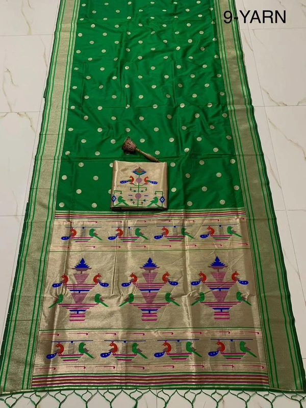 PAITHANI_HOUSE373 "9 Yard Pure Kanchivaram Pathani Silk Saree � Original Zari, Peacock Design, Minakari Border & Brocket Blouse" - green