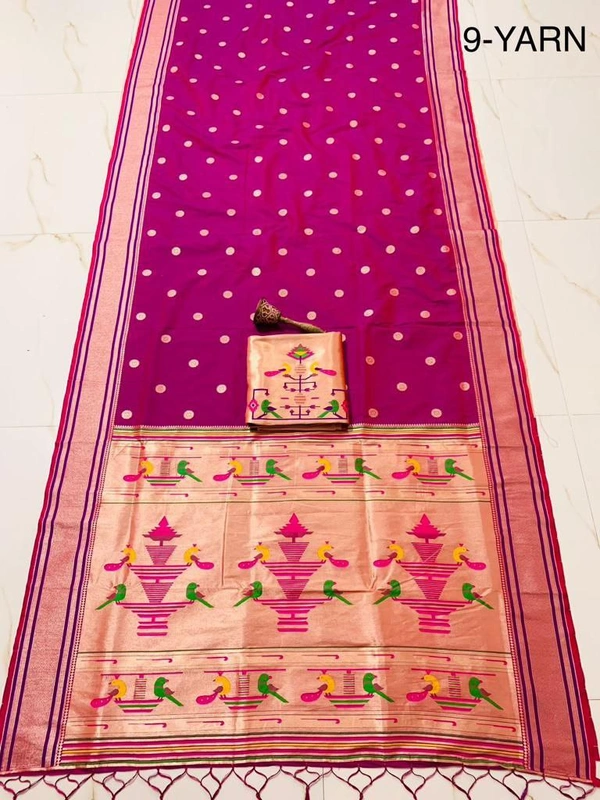 PAITHANI_HOUSE375 "9 Yard Pure Kanchivaram Pathani Silk Saree � Original Zari, Peacock Design, Minakari Border & Brocket Blouse" - Light Magenta