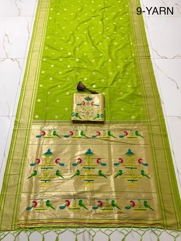 PAITHANI_HOUSE377 "9 Yard Pure Kanchivaram Pathani Silk Saree � Original Zari, Peacock Design, Minakari Border & Brocket Blouse" - Lime Green
