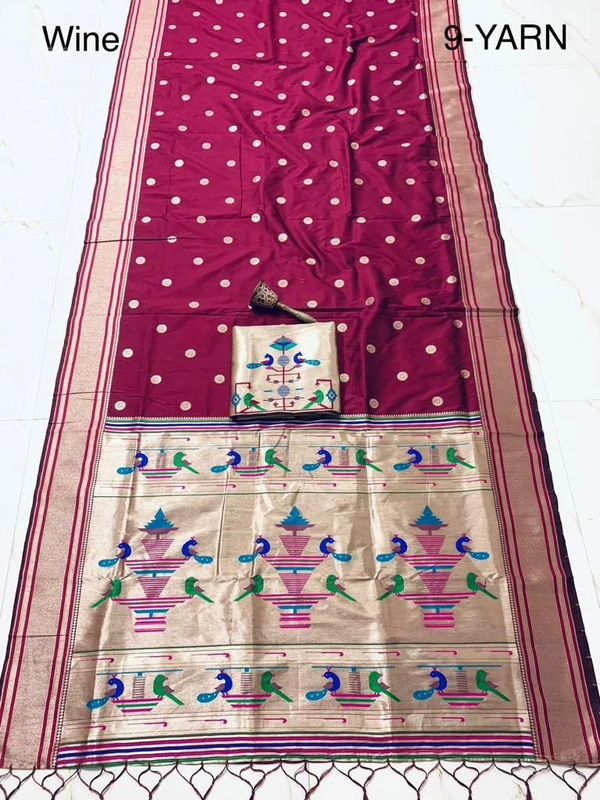 PAITHANI_HOUSE379 "9 Yard Pure Kanchivaram Pathani Silk Saree � Original Zari, Peacock Design, Minakari Border & Brocket Blouse" - Wine