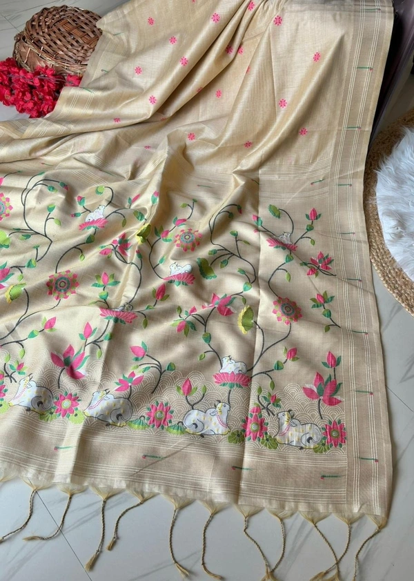 Shanaya Soft Linen Cotton Saree with Zari Woven Muniya Border & Pichwai Art - FREE, Beige