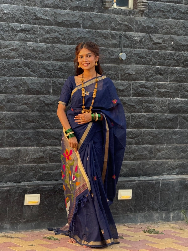 Vaishnavi Auti's Exclusive Linen Jamdani Collection - FREE, Navy Blue