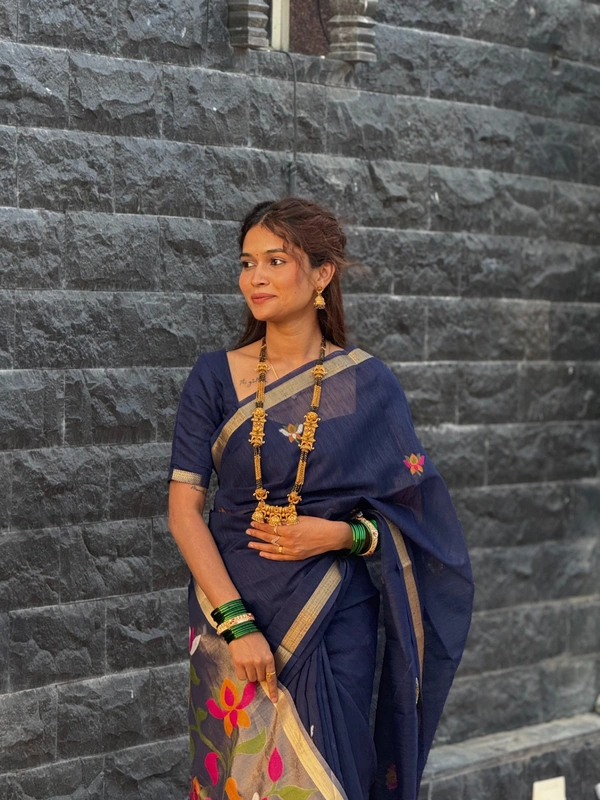 Vaishnavi Auti's Exclusive Linen Jamdani Collection - FREE, Navy Blue