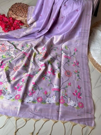 Shanaya Soft Linen Cotton Saree with Zari Woven Muniya Border & Pichwai Art - FREE, Lavender