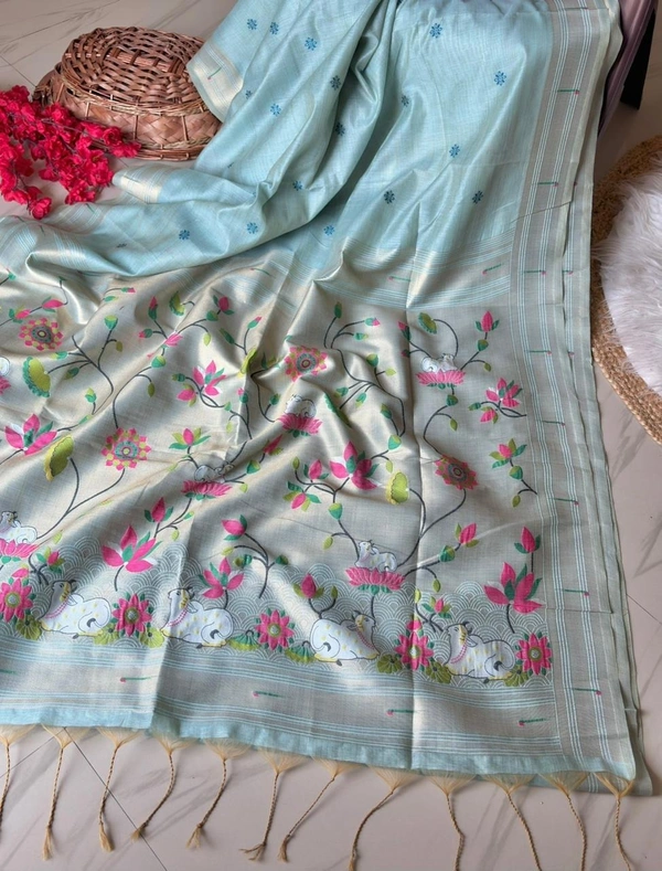 Shanaya Soft Linen Cotton Saree with Zari Woven Muniya Border & Pichwai Art - FREE, Seafoam