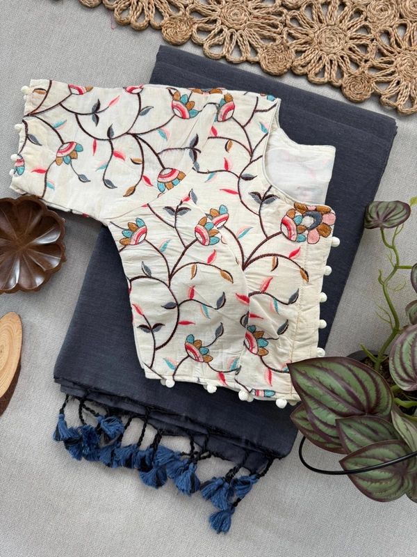 PAITHANI_HOUSE11 Elegant Khadi Cotton Saree with Heavy Embroidered Aura Cotton Padded Blouse (CF-160) - DARK GREY