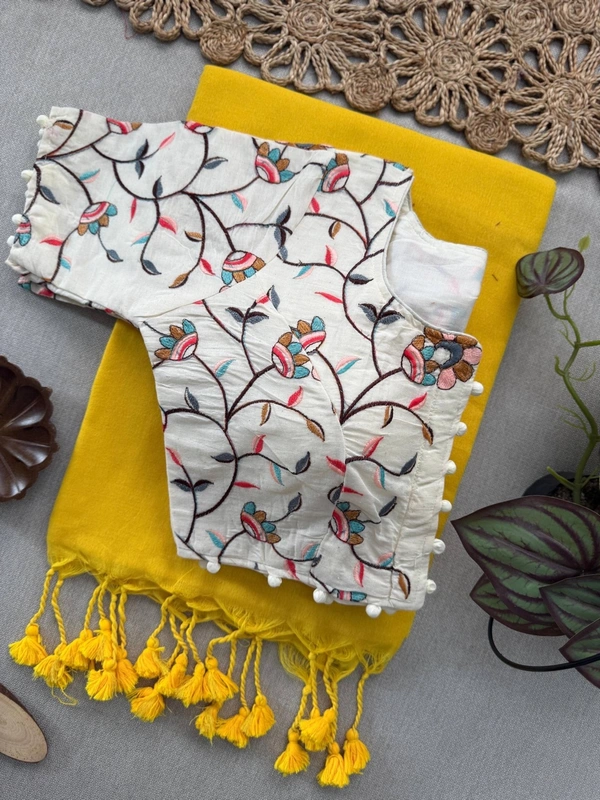 PAITHANI_HOUSE11 Elegant Khadi Cotton Saree with Heavy Embroidered Aura Cotton Padded Blouse (CF-160) - YELLOW