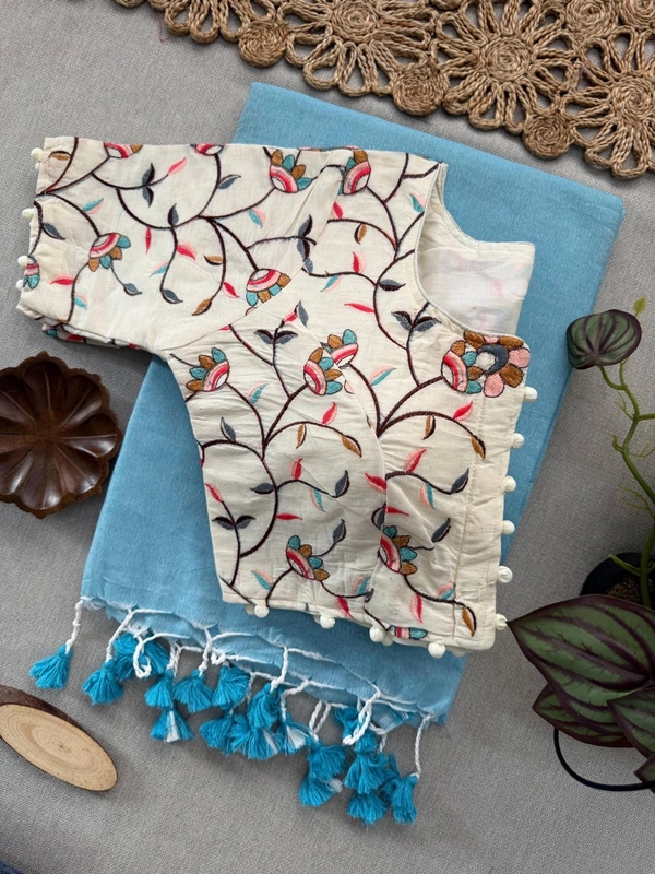 PAITHANI_HOUSE11 Elegant Khadi Cotton Saree with Heavy Embroidered Aura Cotton Padded Blouse (CF-160) - SKY BLUE