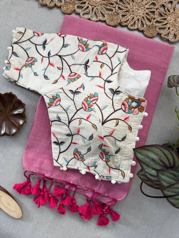 PAITHANI_HOUSE11 Elegant Khadi Cotton Saree with Heavy Embroidered Aura Cotton Padded Blouse (CF-160) - PINK