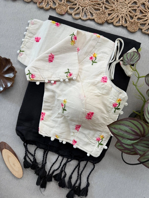 PAITHANI_HOUSE11 Pure Desi Khadi Cotton Saree with Floral Embroidered Blouse – CF-157 | Premium Handloom Saree for Women - BLACK