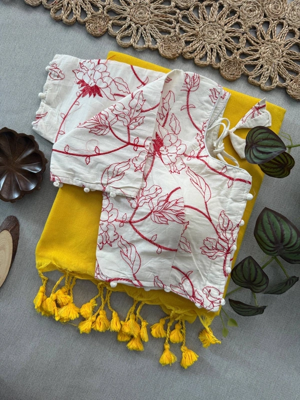 PAITHANI_HOUSE11 Traditional Khadi Cotton Saree for Women | Red Floral Blouse – CF-156 - YELLOW