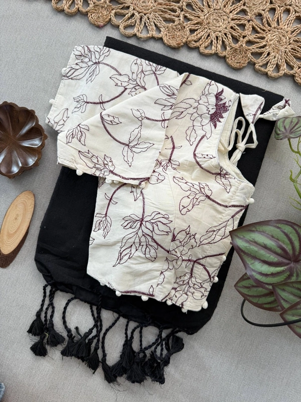 PAITHANI_HOUSE11 Traditional Khadi Cotton Saree for Women | Red Floral Blouse – CF-156 - BLACK