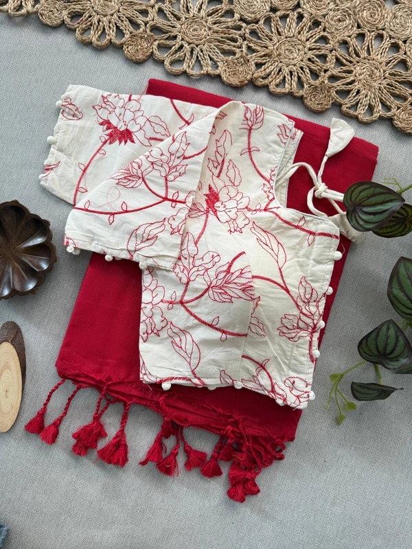 PAITHANI_HOUSE11 Traditional Khadi Cotton Saree for Women | Red Floral Blouse – CF-156 - RED