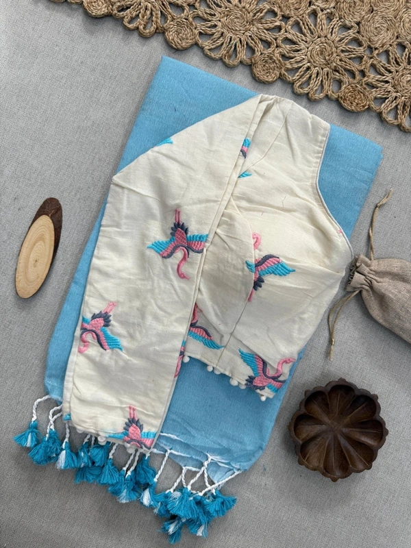 PAITHANI_HOUSE11 Handloom Khadi Cotton Saree with Embroidered Blouse & Tassel Pallu – CF-155 - SKY BLUE