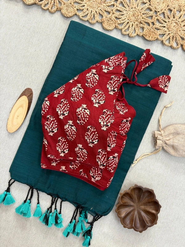 PAITHANI_HOUSE11 Classic Khadi Cotton Saree with Pure Ajrakh Embroidered Blouse – CF-154 - TEAL