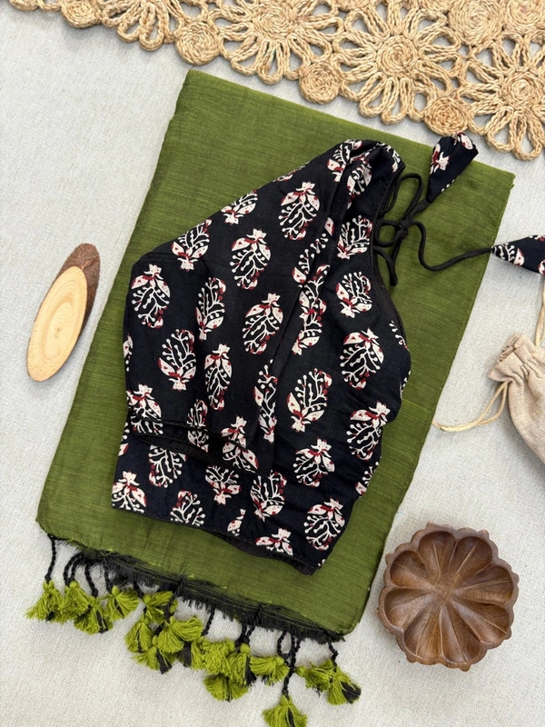 PAITHANI_HOUSE11 Classic Khadi Cotton Saree with Pure Ajrakh Embroidered Blouse – CF-154 - OLIVE GREEN