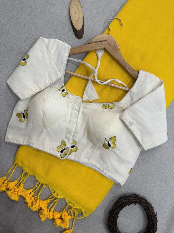 PAITHANI_HOUSE11 Wings of Elegance – Handloom Khadi Cotton Saree & Kora Cotton Blouse (CF-Butterfly) - YELLOW